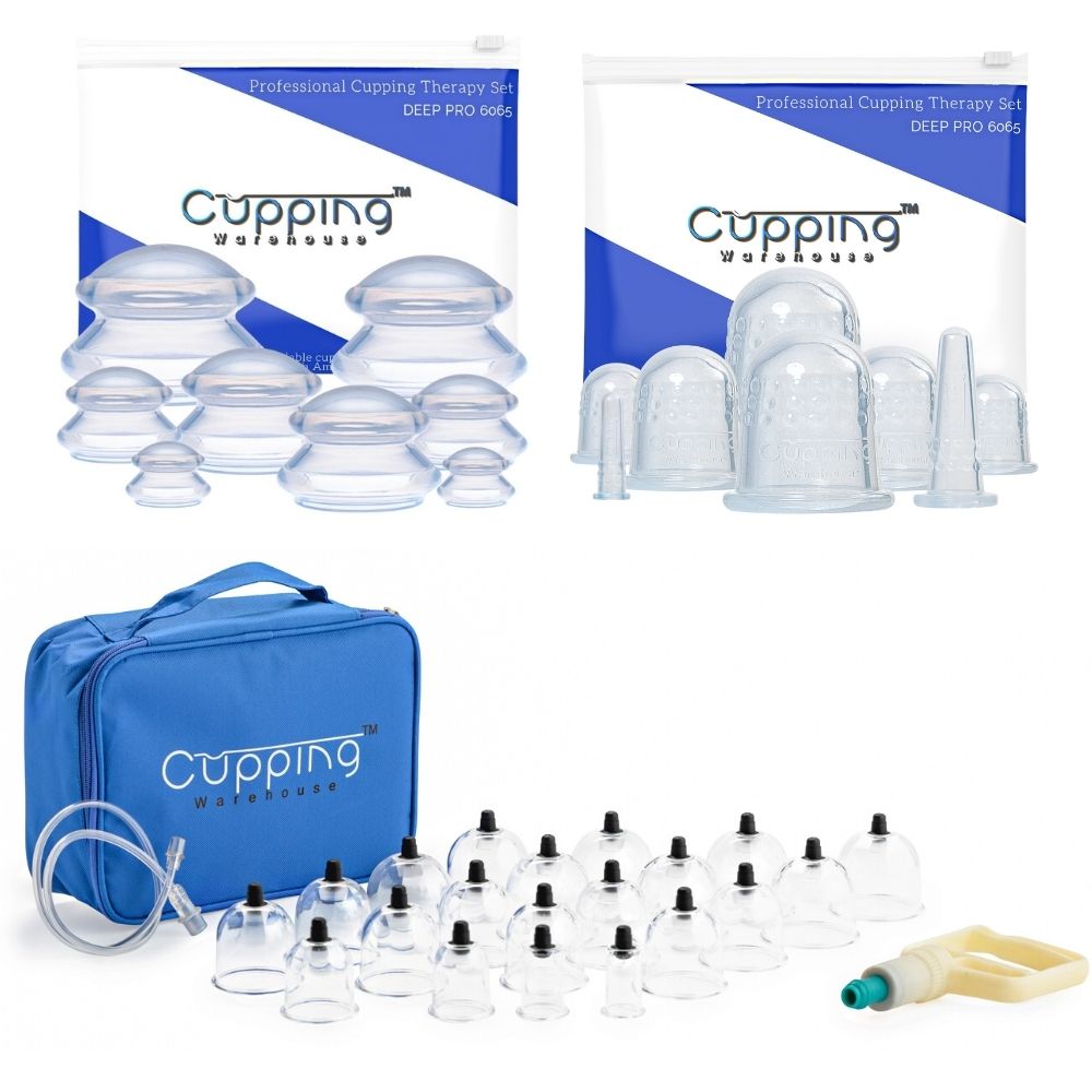 Cupping Warehouse Ultimate Chinese 36 Cup Set (20 Poly CupsTM Stronger PlasticPolycarbonate, 8 Supreme Deep PRO 6065 & 8 Grip PRO 6570 Silicone Cupping Therapy Sets