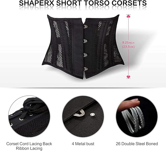 26-Steel-Bones Mesh Corset Breathable Waist Trainer for Short Torso